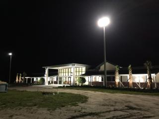 Airport building exterior at night