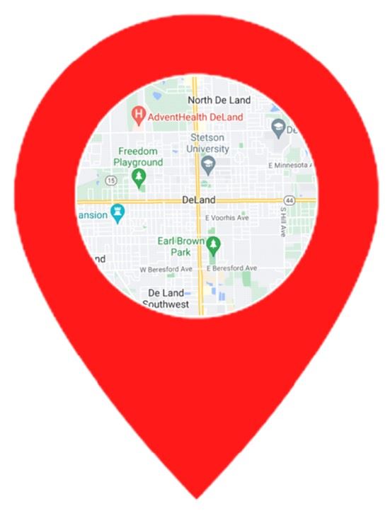 Red pin with downtown DeLand map